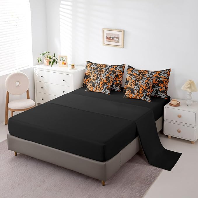 jejeloiu Orange Camouflage Comforter Set with Sheets for Kids Boys Camo Bed in a Bag Twin Size Military Style Vintage Abstract Geometric Disruptive Pattern 7 Pieces Bedding Set Bedroom Decor Soft