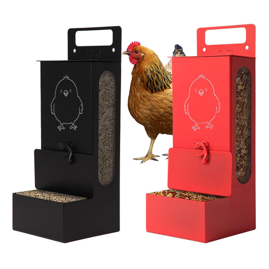 LIUXINYJEE Chicken Grit Feeder,Chicken Oyster Shell Feeder Waterproof,Feed-Level Indicator and No-Waste Chicken Feeder,Hanging Chicken Coop Accessories, Metal Automatic Chicken Feeder，10.25"X4.35" in