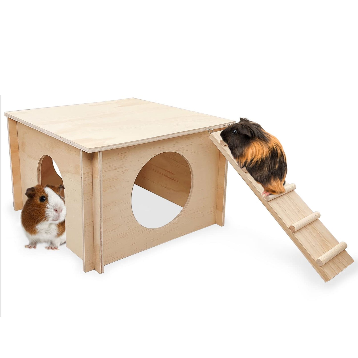 kathson Guinea Pig Hideout House,Wooden Chinchilla Hide Hut with Climbing Ladder and Windows, Hamster House for Mouse Hedgehog Squirrel Mice Gerbils Hiding Sleeping and Playing