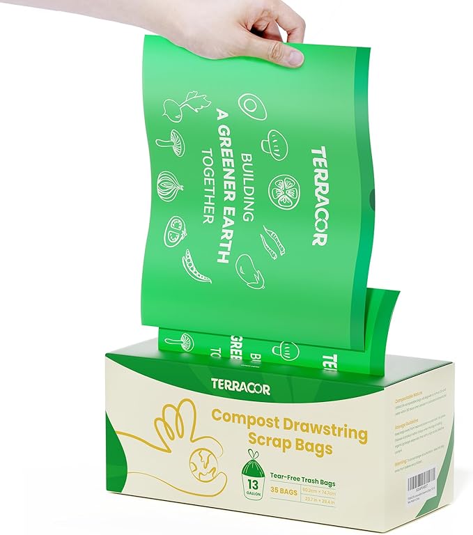 13 Gallon Compostable Trash Bags Liners Drawstring, Heavy Duty Extra Thick 1 Mil, 49.21 Liter, 35 Bags, Tall Kitchen Food Scrap Waste Bag, ASTM D6400