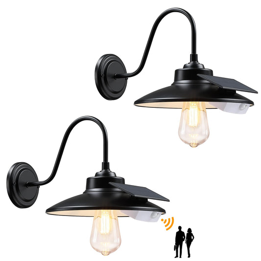 CRIRY Solar Barn Lights Outdoor with 3 Lighting Modes & Motion Sensor, Waterproof Black Farmhouse Outdoor Gooseneck Solar Lights for Barn Shed Chicken Coop Porch, 2Pack
