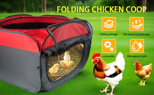 Portable Chicken Brooder Box Kit, Waterproof Chick Starter House with Storage Bag, Ground Stakes, Removable Liner, Red and Black