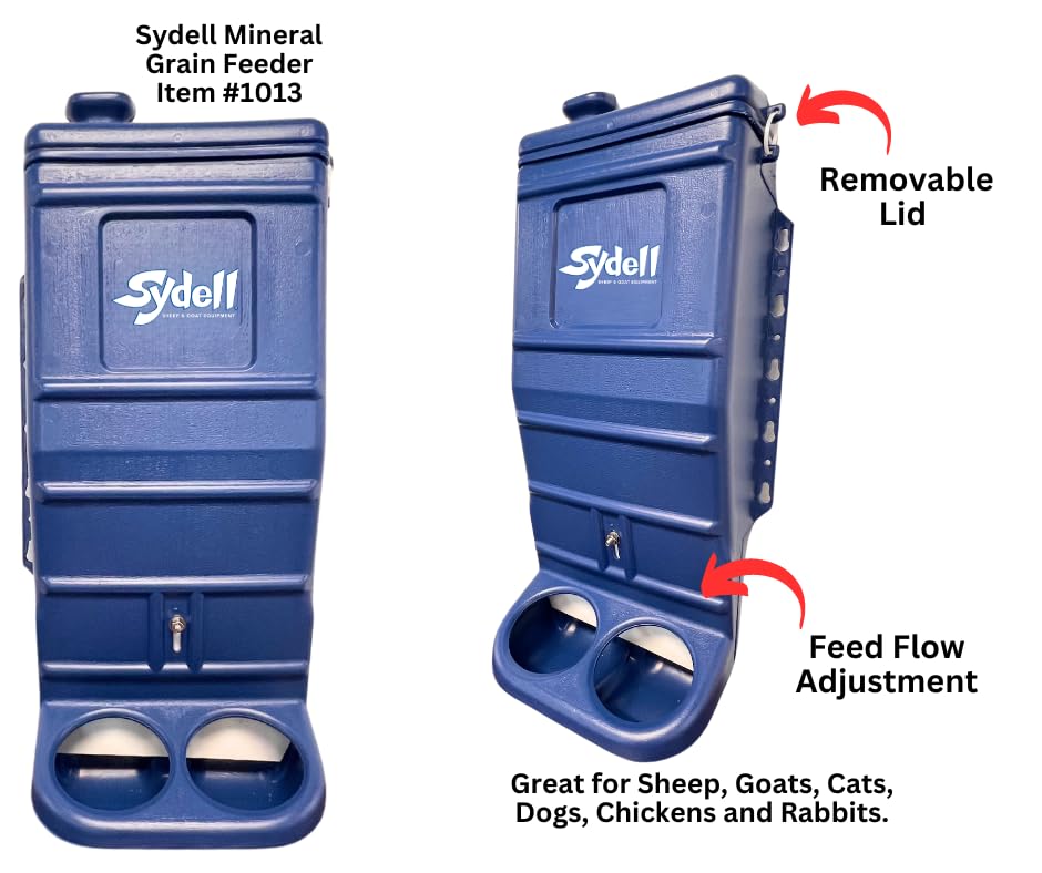 Sydell Sheep and Goat Grain Mineral Feeder, Large Outdoor Forage Grain Feeding System, Supports Up to 10 Small Livestock, Weather Resistant Heavy-Duty Plastic, Fence Mounted