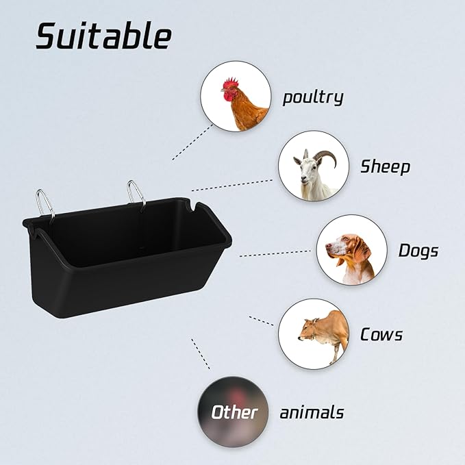 Hanging Chicken Feeder Troughs (6 Pack, 5 Qt) – Durable Black Plastic Poultry Feed & Water Buckets with Metal D‑Clips, Multi‑Animal Goat, Sheep, Duck, Pig, Horse, Chicken Coop Feeder