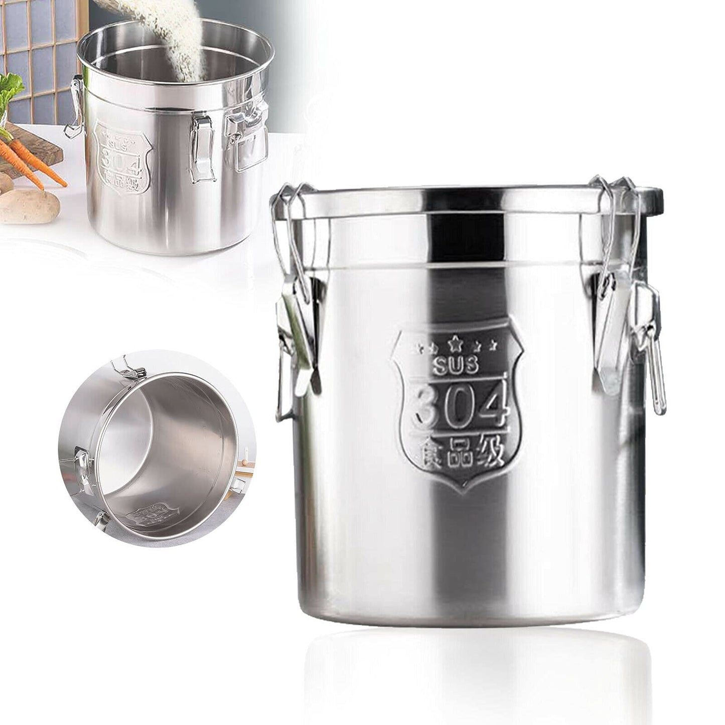 Stainless Steel Airtight Canister for Kitchen, Rice Cereal Grain Canisters Container for Household Kitchen Food Bean Flour Oil Sugar Milk Cookie Storager Bucket w/Handles Lid (12L)