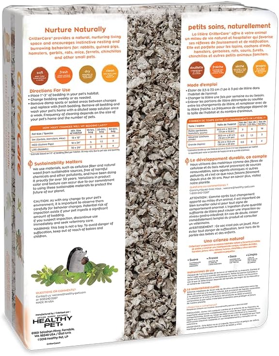 CritterCare Natural Paper Small Pet Animal Bedding - Odor Control, Unscented, 99% Dust Free, Super Absorbent, Natural, 60L, Great for Rabbits, Guinea Pigs, Hamsters, Gerbils, Mice, Rats