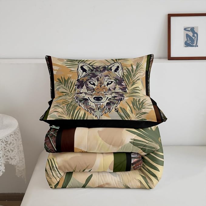 Erosebridal Fox Comforter Set Full Size Woodland Camo Down Comforter Army Green Camouflage Wild Animal Bedding Set for Boys Teen Men,Wildlife Nature Tree Branch Quilt Duvet with 2 Pillow Cases