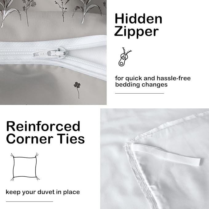 Vintage Grey Leaf Duvet Cover Farmhouse Decor Grey 3D Botanical Flower Print Bedding Set for Boys Girls with Zipper Closure and Corner Ties (King)