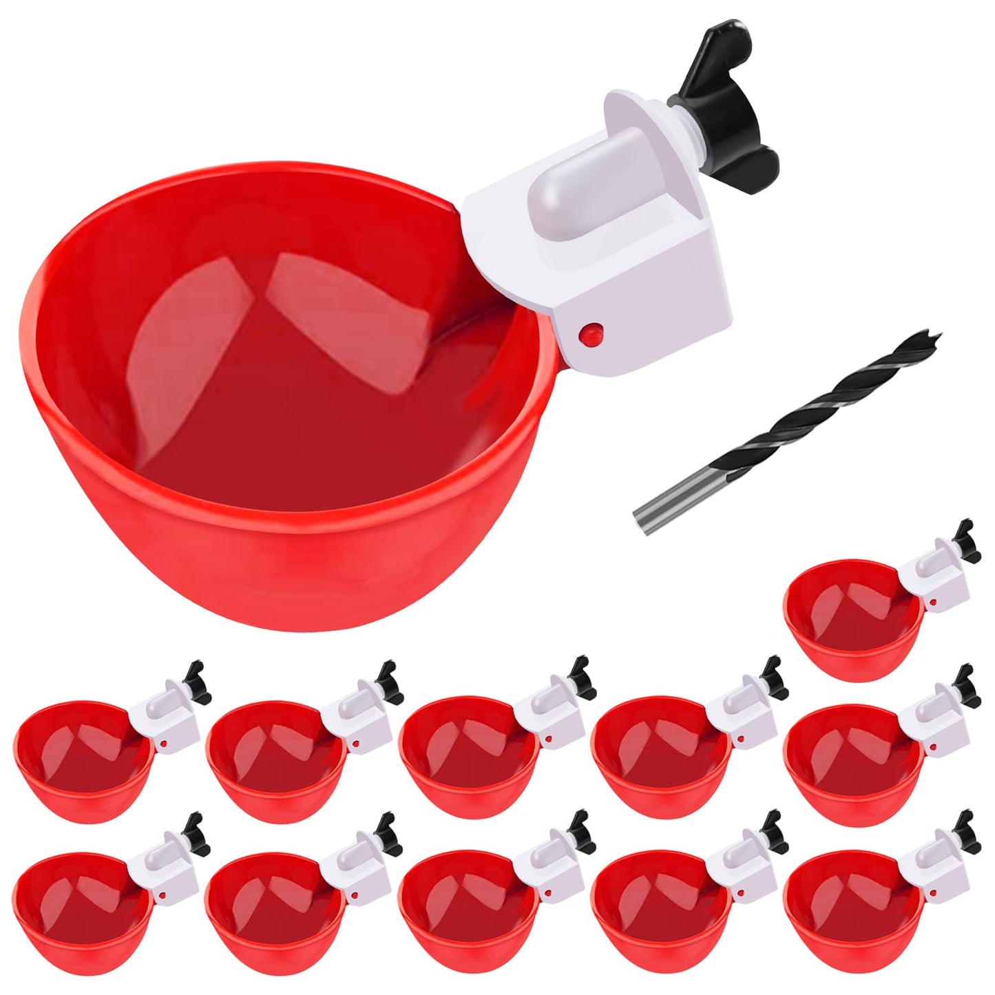 Chicken Waterer Cups, 12 Packs Red Large Chicken Watering Cups, Automatic Chicken Water Cups, Tee Fittings Poultry Feeder Cups Suitable for Chicken, Duck, Goose, Turkey with Mounting Hole Opener