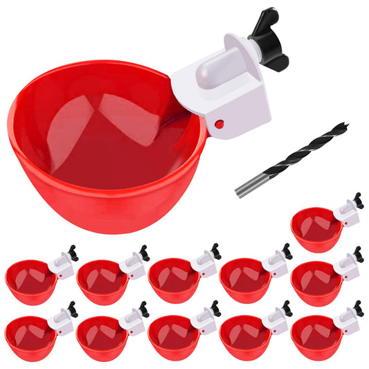 Chicken Waterer Cups, 12 Packs Red Large Chicken Watering Cups, Automatic Chicken Water Cups, Tee Fittings Poultry Feeder Cups Suitable for Chicken, Duck, Goose, Turkey with Mounting Hole Opener
