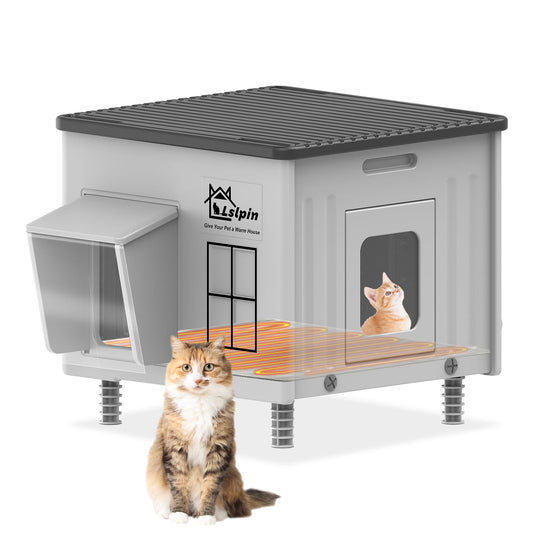 Indestructible Heated Cat House for Outside Cats Winter,Weatherproof & Insulated & Elevated Feral Cat House with Escape Door, Outdoor Indoor Cat Shelter for Stray Barn Cat 17.7×17.7×17.5