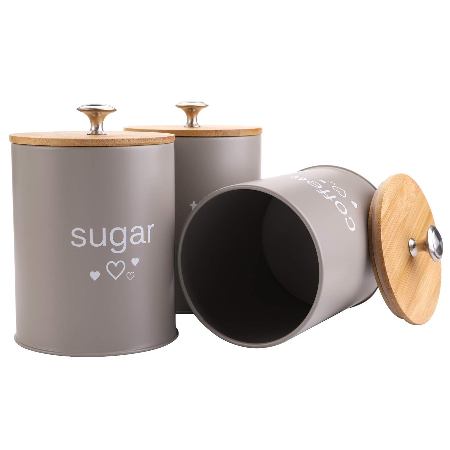 Fasmov Set of 3 Kitchen Canister Set, Coffee, Sugar, and Tea Storage Container Jars with Bamboo Lids for storing Sugar, Coffee and Tea, Gray
