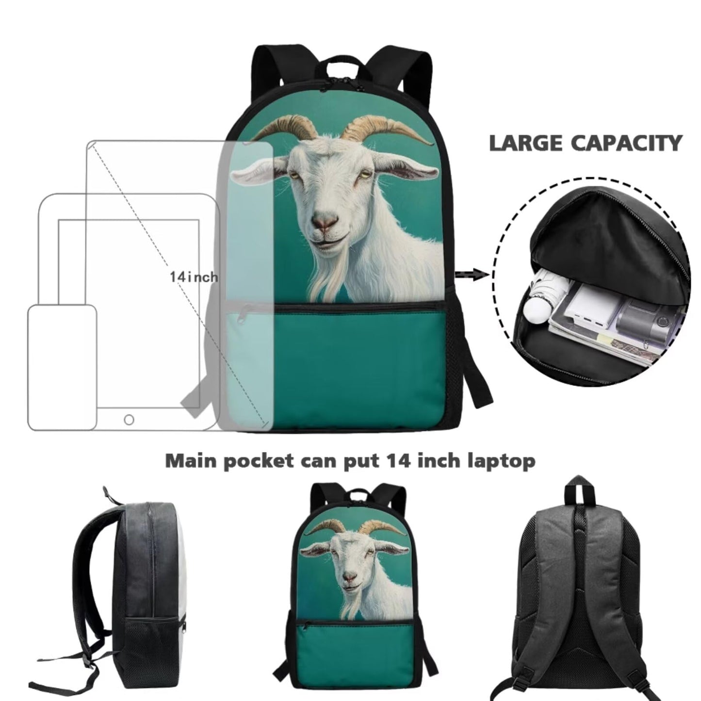 Guosanchn Goat Backpack for Teen Girls 3 In 1 Middle School Bag with Lunch Box Pencil Case Elementary School Bookbag Satchel for College Teens Child Boys Daycare School Bags Rucksack Satchel