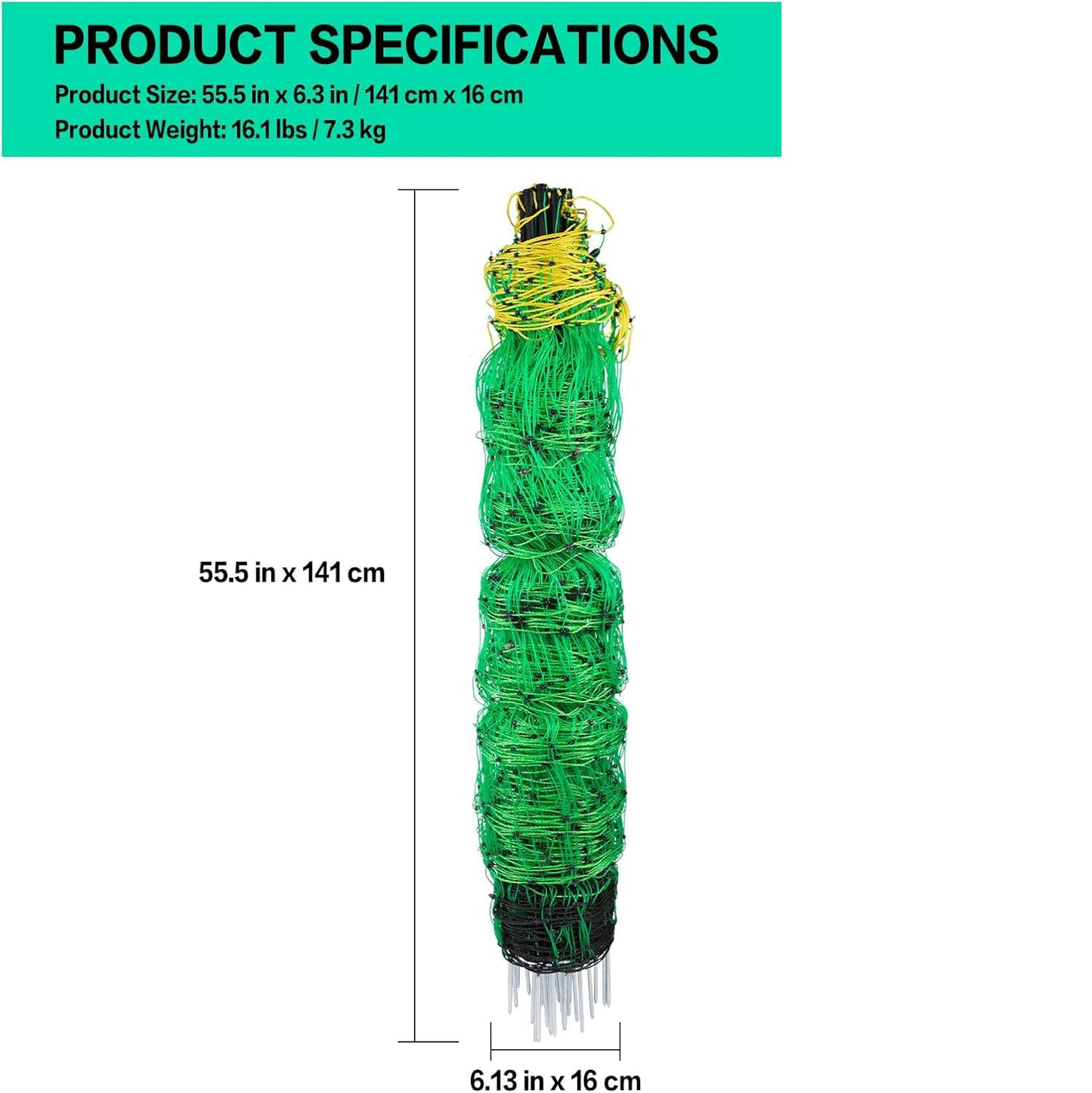 Electric Fence Netting, 49.6" H x 164' L, PE Net Fencing Kit with 14 Posts Double Spiked, Utility Portable Mesh for Sheep Hogs Goats Deer Dogs Lambs Used in Backyards Patio Farms Ranches, Green