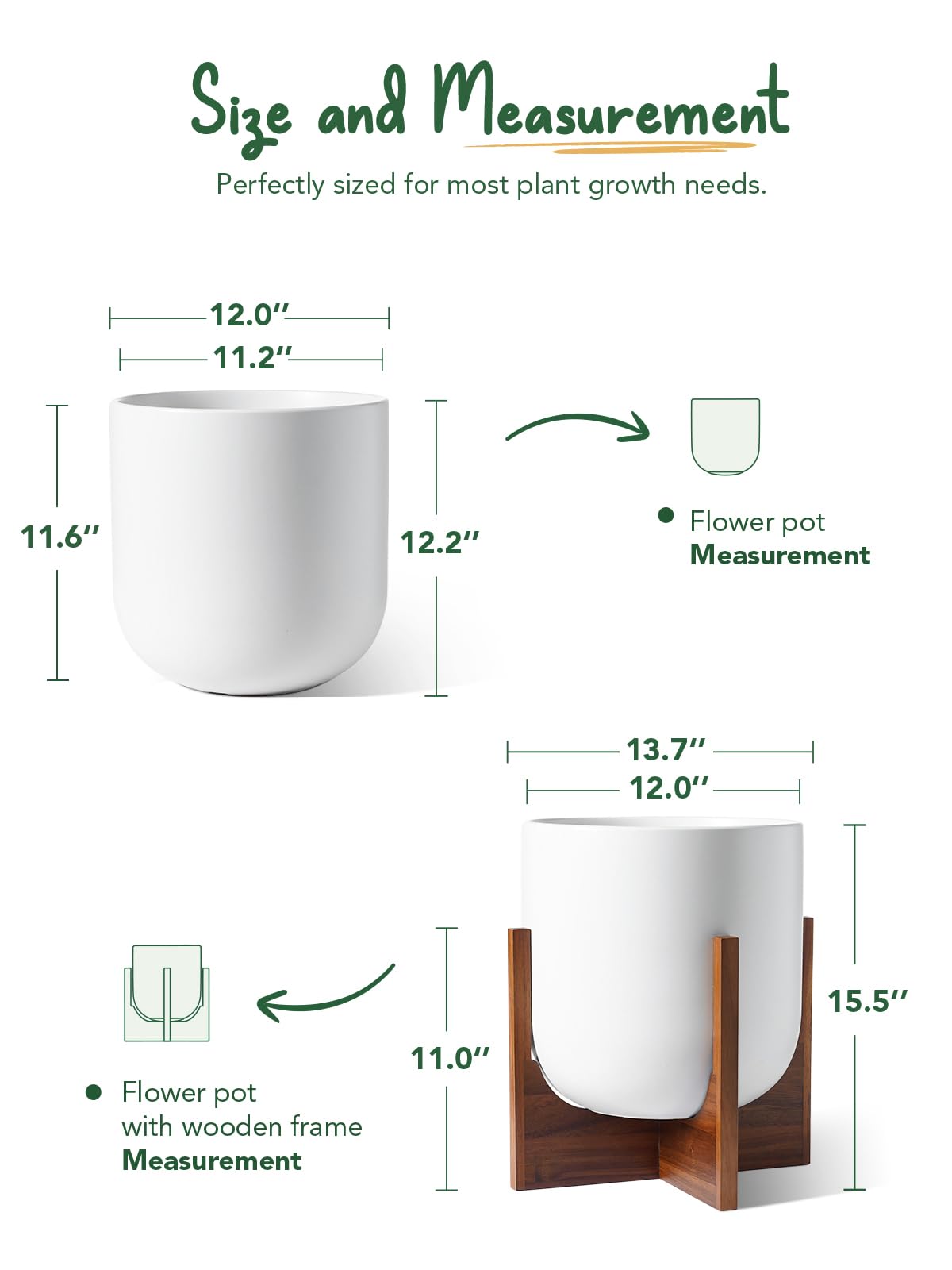 LE TAUCI 12 Inch Pots for Plants with Acacia Wood Stand, Ceramic Large Planters for Indoor Plants, Indoor Plant Pots for Office Living Room, Cylinder Pots for Plants with Drainage Hole and Plug, White