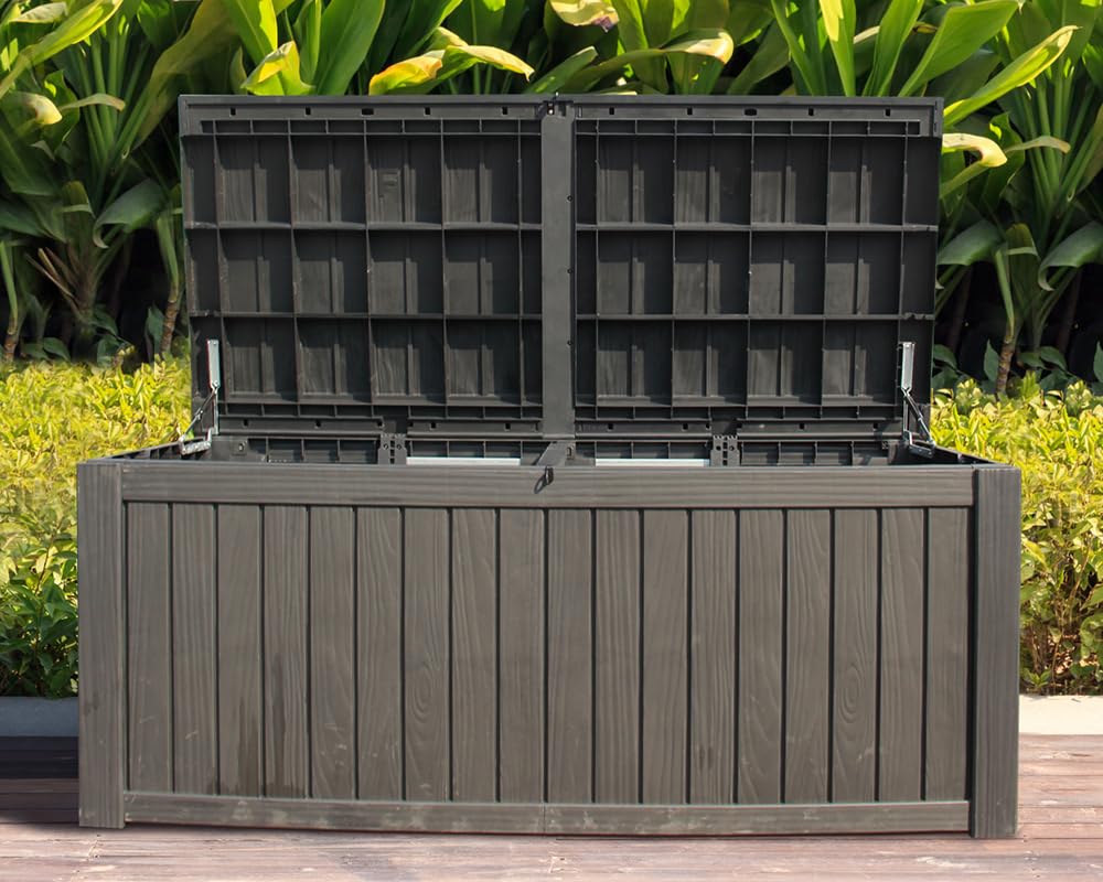 BTEXPERT 150 Gallon Large Resin Deck Box, Outdoor Storage Container with Metal Rods & Partition for Patio Furniture Cushions Garden Tools Equipment Waterproof Lockable UV Resistant Set of 2