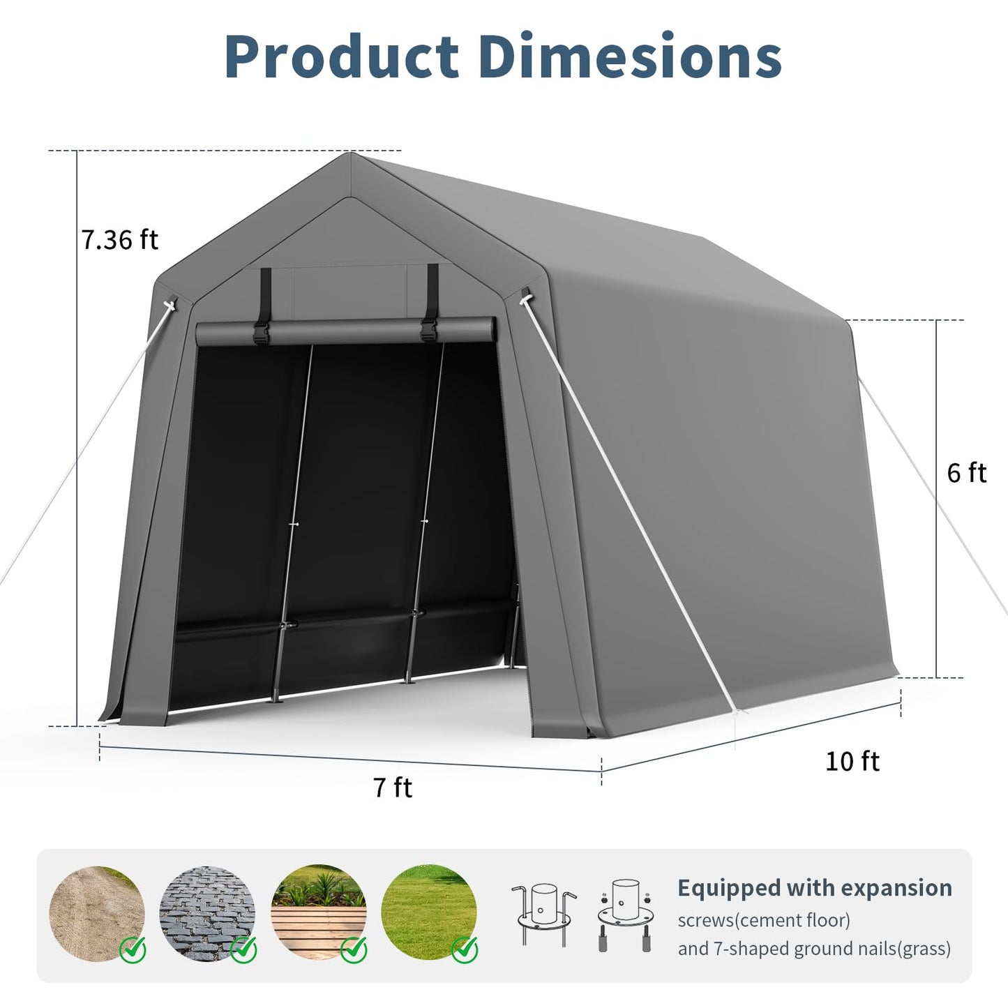 Garvee 7'x10' Outdoor Portable Storage Shed, Waterproof & UV-Resistant Garage Shelter with 2 Roll-Up Zipper Doors, Anti-Snow Carport Tent for Motorcycle, Bike, and Outdoor Equipment, Gray