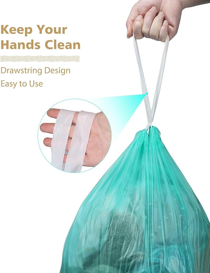 Small Trash Bags, AYOTEE 2 Gallon Trash Bag Drawstring Compostable Trash Bags, 2.6 Gallon Trash Bag Bathroom Trash Bags Compost Bags Waste Basket Liners for Bathroom, Office, Pet (50 Count Green)