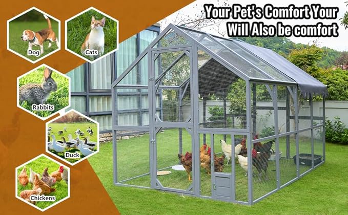 109.6'' Large Wood Chicken Coop Enclosures,Walk-in Poultry Cage, Chicken Run Pen Duck House with Waterproof and Anti-Ultraviolet Cover for Outdoor Farm Use Spire Roof, Grey