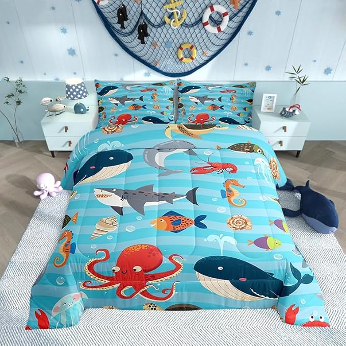 Kids Cartoon Ocean Comforter,Whale Shark Dolphin Comforter Set Full Size,Lovely Under Sea Animal Bedding Set All Seasons,Blue Sea Wave Bedroom Down Duvet,1 Comforter&2 Pillowcase