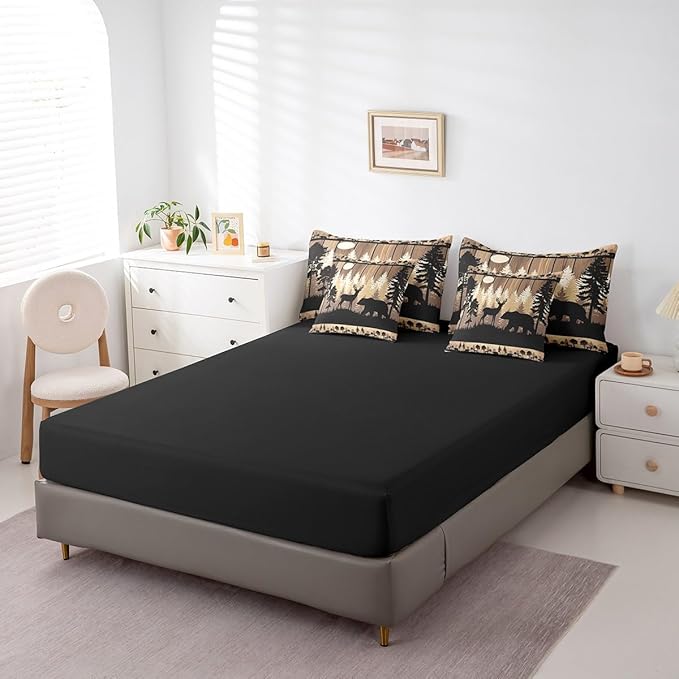 Feelyou Rustic Bear Deer Comforter Set 7 Pieces Wildlife Hunting Theme Bed in a Bag Wild Animal Bedding Set Queen Size Bedroom Decor Wooden Board Bed Set with Comforter, Sheet Set, Pillowcases