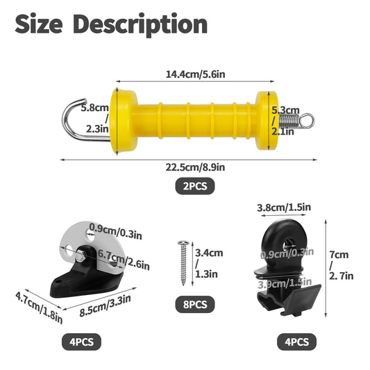 2 Set Electric Fence Gate Handle Set with Anchor and Insulator, Consisting of 2 Plastic Electric Fence Gate Handle, 4 Anchor Sets, 4 Electric Fence Insulators and 8 Screws