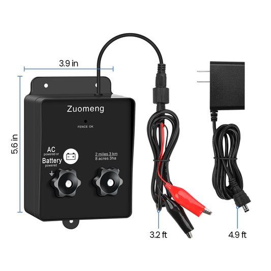 2-in-1 Electric Fence Energizer, Zuomeng 2-mile 8 Acres Electric Fence Charger Powered by Battery or Power Adapter, 0.1 Joules, Protect Your Livestock Garden Pasture from Wildlife