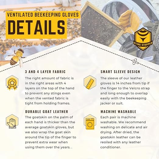 Sting Stopper Beekeeping Gloves, Ventilated Goat Skin Bee Gloves for Beekeepers, Sting Proof Bee Keeping Gear, Short Cuff Easy Fit, Protective Gloves for Apiary Work | Beekeeper White, 3X-Large