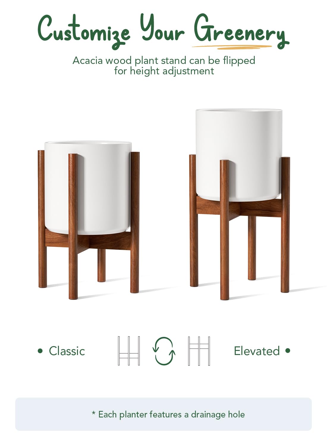 LE TAUCI 12 Inch Planter with Acacia Wood Stand, Large Ceramic Indoor Plant Pot with Drainage Hole & Plug, Mid Century Modern Plant Holder for Fiddle Leaf Fig, Monstera, Snake Plant, White