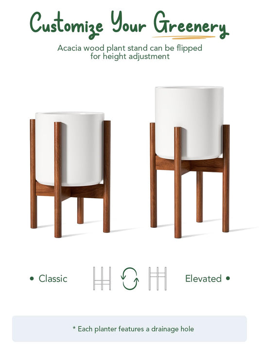 LE TAUCI Indoor Planter with Stand, 10 + 8 Inch, Set of 2, Ceramic Pot for Indoor Plants with Acacia Wood Holder, Mid-Century Modern Home Decor, Round Flower Pots with Drainage Hole, White