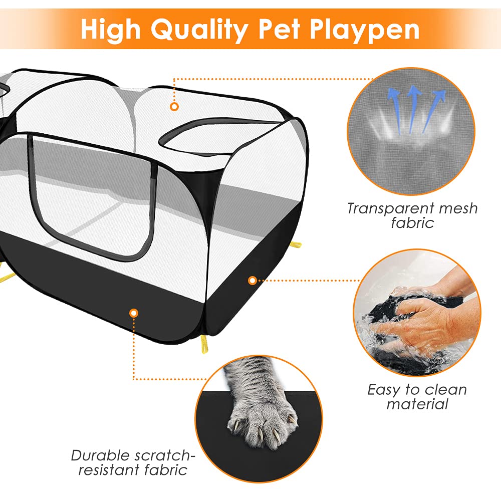 SlowTon Small Animals Playpen, Portable Large Chicken Run Coop with Breathable Transparent Mesh Walls Foldable Pet Cage Tent with 4 Zipper Doors for Puppy Rabbits Outdoor Yard (No Bottom)
