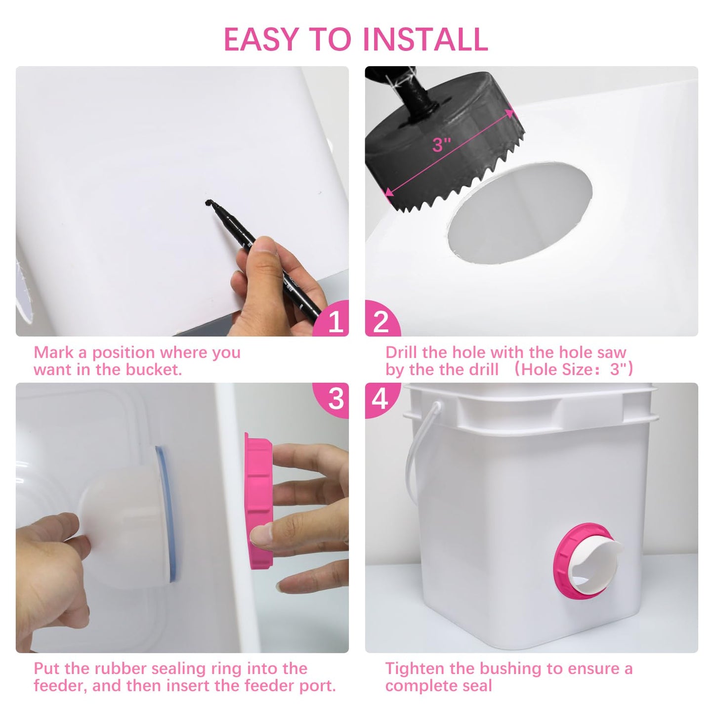 Chicken Feeders No Waste 6 Ports, 4 inch DIY Poultry Feeder with 6 Covers 1 Hole Saw, Rain Proof Automatic Gravity Chicken Feeder Kits for Buckets, Barrels, Bins, Troughs (Pink)