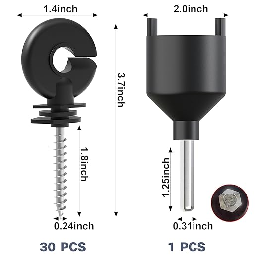 30 Pcs Black Electric Fence Insulator Screw-in Insulator Fence Ring Post Wood Post Insulator and 1 Pc Free Insulator Socket Tool (Grid System Accessories for Animal Husbandry Electronic)