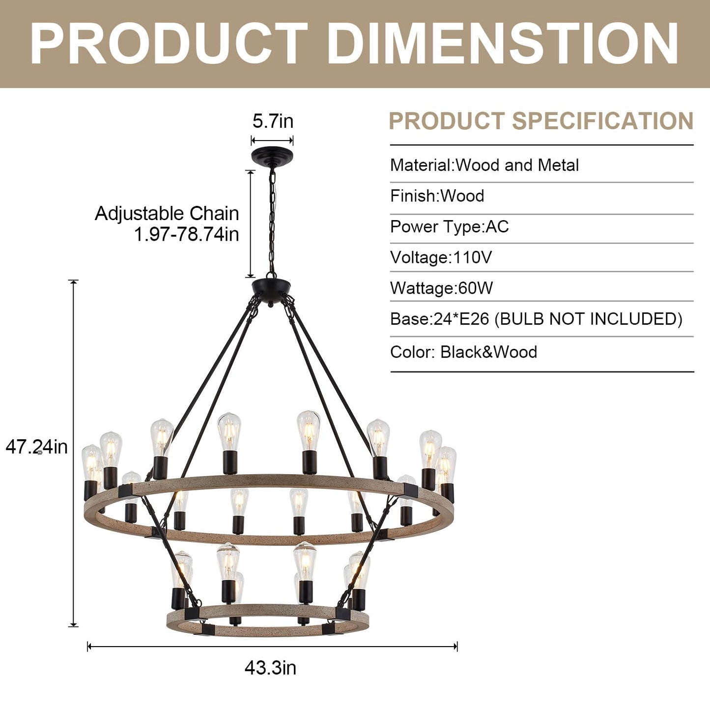 brfaixla 2-Tiers Wagon Wheel Chandelier Wooden Farmhouse 24-Light(16+8) 43.34'' Cream Colored, Black Metal Pendant Chandeliers 2 Story Rustic Light Fixtures Industrial for High Ceiling Living Foyer