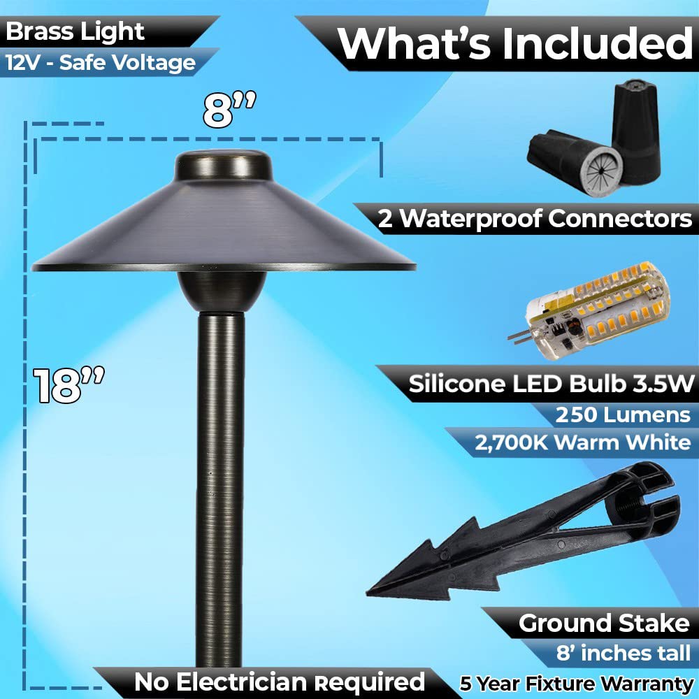 LED Pathway 125 Landscape Light (6 Pack) 12V Solid Brass Low Voltage LED Light G4 3.5W 2700K Bulb Included Outdoor Mushroom Security Garden Patio Deck Pool Area Light for Beautiful Bright Long Lasting