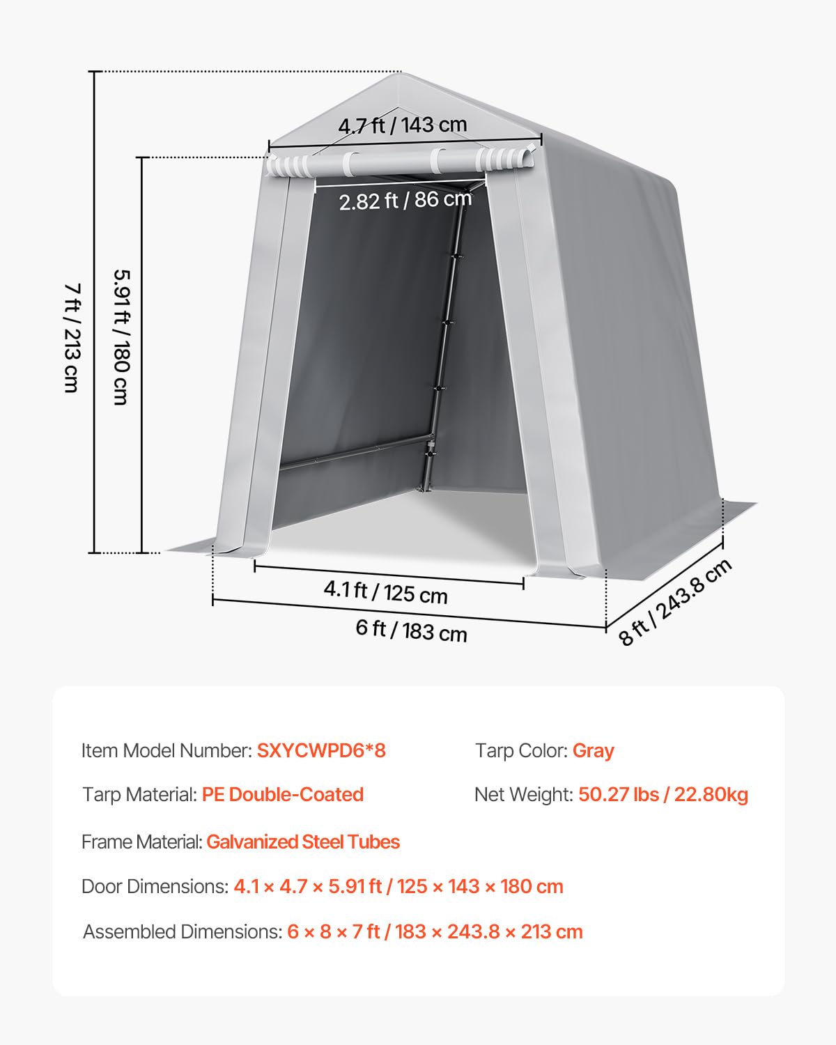 VEVOR 6x8x7 FT Portable Outdoor Storage Shed, Heavy-Duty Waterproof Shelter with Roll-Up Zipper Door & Vents, UV-Resistant Carport for Motorcycle, Bike, Lawn Mower, Tools, Gray