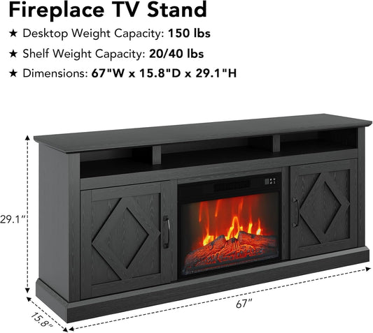 67 Inch TV Stand with Electric Fireplace, Entertainment Center with 23” Fireplace Insert, Remote Control, Adjustable Storage, Cable Management, Media Console for Living Room, Home Theater Furniture