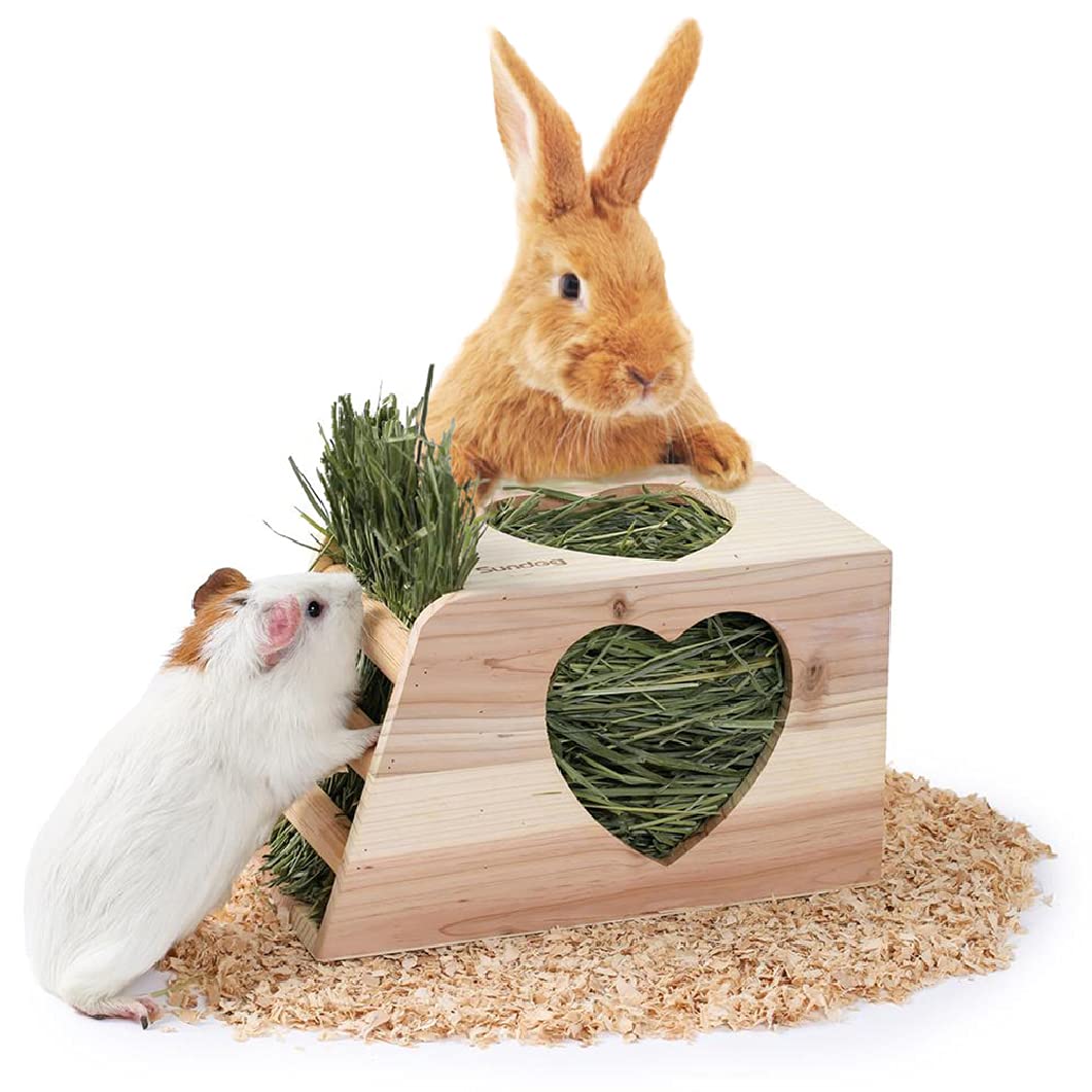 JanYoo Hay Feeder for Rabbits Wooden Holder for Cage Large Rack Hanging Food Manager Less Waste Dispenser Bunny Accessories