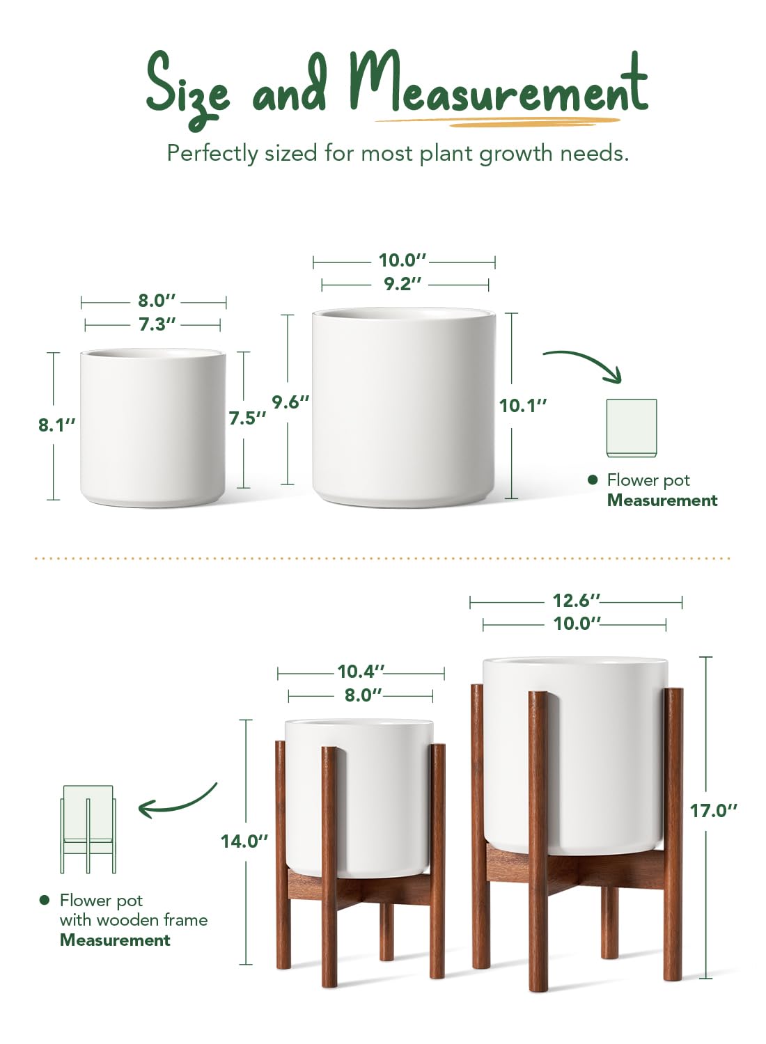 LE TAUCI Indoor Planter with Stand, 10 + 8 Inch, Set of 2, Ceramic Pot for Indoor Plants with Acacia Wood Holder, Mid-Century Modern Home Decor, Round Flower Pots with Drainage Hole, White