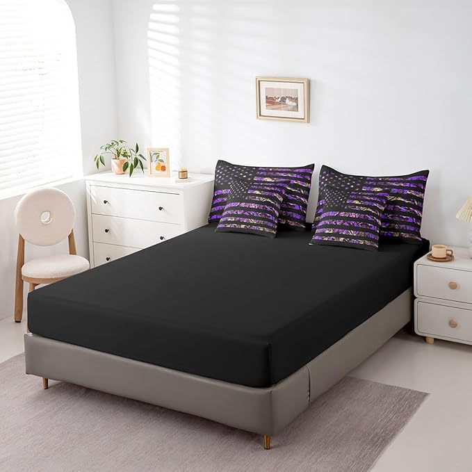 Feelyou American Flag 7 Pieces Bedding Set, King Size Purple Camouflage All Season,Bed in a Bag with Comforter, Sheets, Pillowcases Branch Hunting Bed Set Breathable Camouflage Hunter Room Decor
