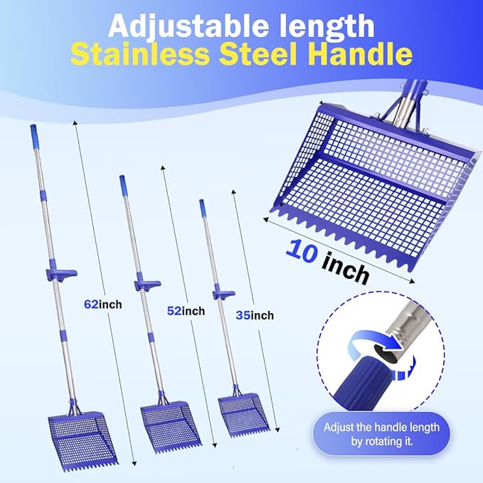 Chicken Poop Scooper & Rake 2-in-1, 304 Stainless Steel Shovel Head - 2X Waste Removal, Easy Clean Anti-Rust Litter Sifting Scoop, Cattle Pen & Beach Sand | Back-Knee Friendly Chicken Coop Accessories