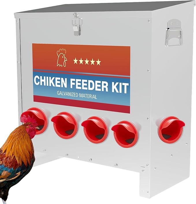 Automatic Chicken Feeder 6 Ports 85 Pounds Large Gravity Fed Chicken Feeder with Latch & Handle for Chickens, Geese, Ducks, Turkeys, Quails, Weatherproof