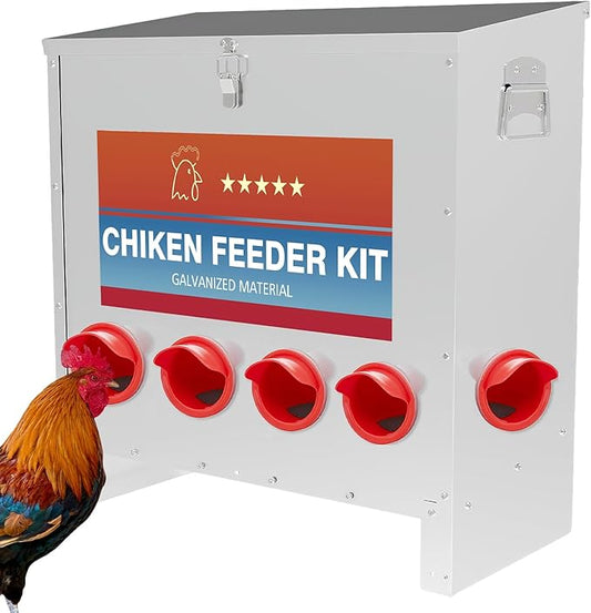 Automatic Chicken Feeder 6 Ports 85 Pounds Large Gravity Fed Chicken Feeder with Latch & Handle for Chickens, Geese, Ducks, Turkeys, Quails, Weatherproof
