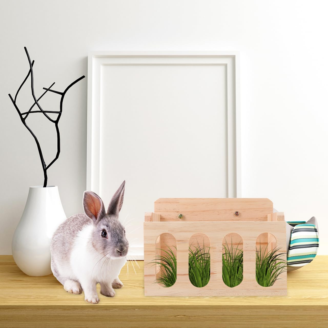 Rabbit Feeder Bunny Food Manger Wooden Manger Rack Grass Holder Cage Feeder Pet Supplies for Guinea Pig Chinchilla Hamster 23. 5X14X17. 5CM