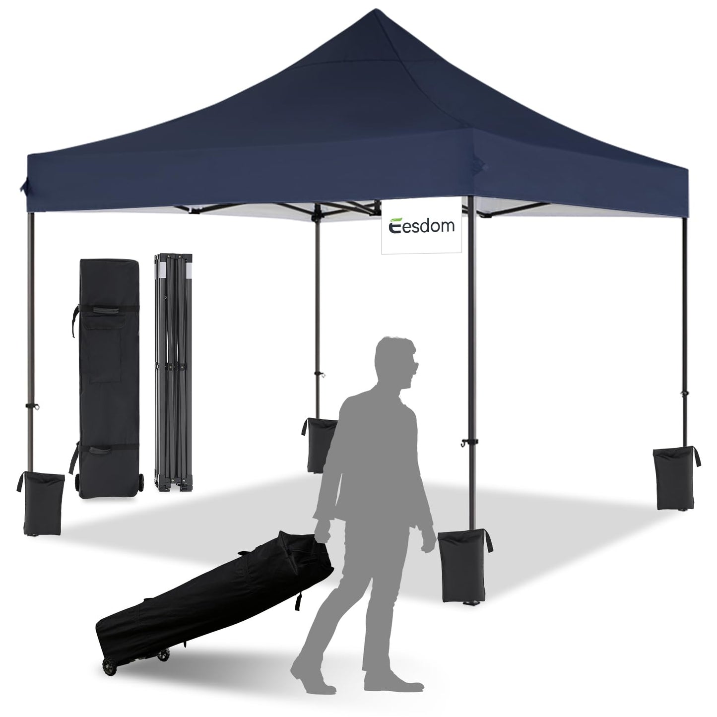 Eesdom 10x10 Pop Up Canopy with Wheeled Bag, Commercial Portable Canopy Tent, Easy Set Up, 4 Stakes & 4Sandbags & 4 Ropes, Waterproof Outdoor Shelter for Market, Parties, Navy Blue
