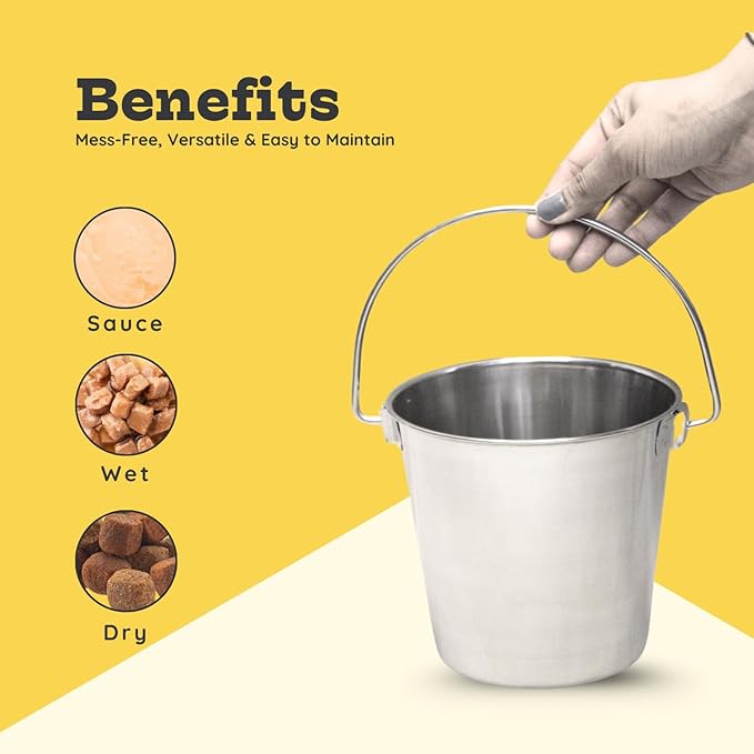 1 Quart Heavy Duty Stainless Steel Round Bucket with Handle | Fits kennel Cage Critter Crates Farm | Durable Food & Water Pail for Small Pet Birds Dog Cat | Livestock Multipurpose Buckets