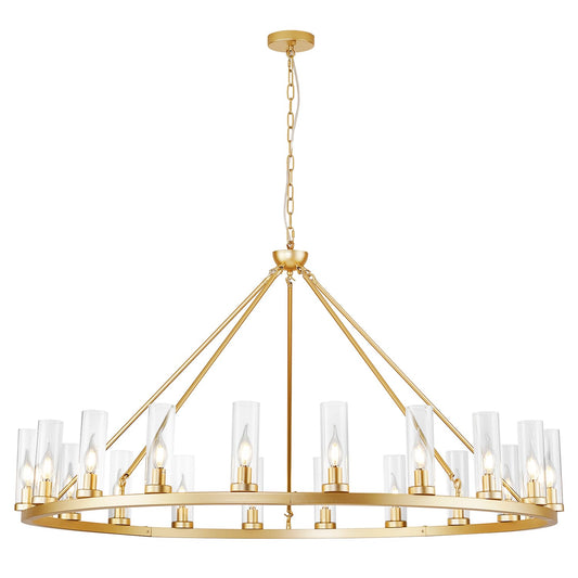 Uboxin D52 Large Gold Wagon Wheel Chandelier 20 Light with Clean Glass, Farmhouse Vintage Industrial Country Style Round Pendant Light Fixture for Stair Living Room(52in-20 Light)