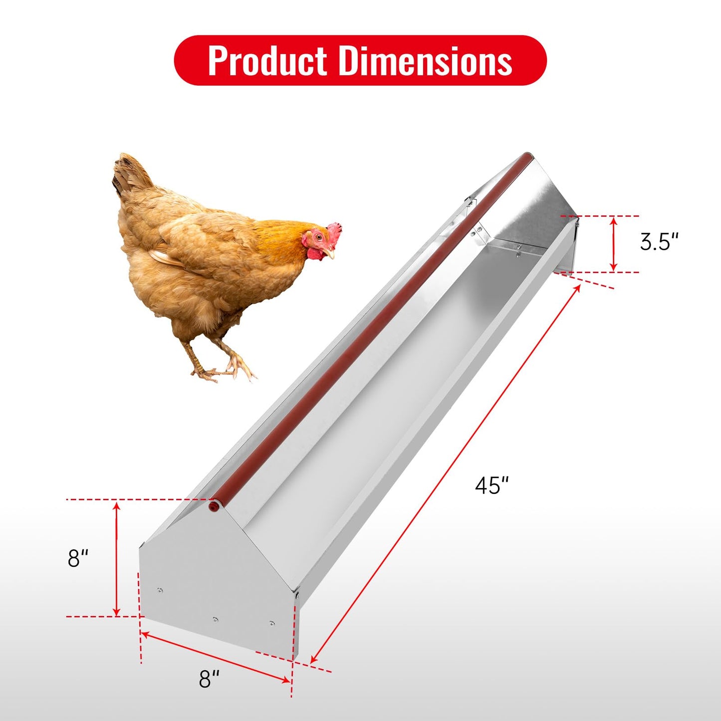 Chicken Feeding Trough 45", Heavy Duty Galvanized Steel Poultry Feeder with Red Crossbar & Drainage Holes, Large Capacity Feeder Trough for Chicken, Duck, Goose, Turkey, Rabbit, Pigeon