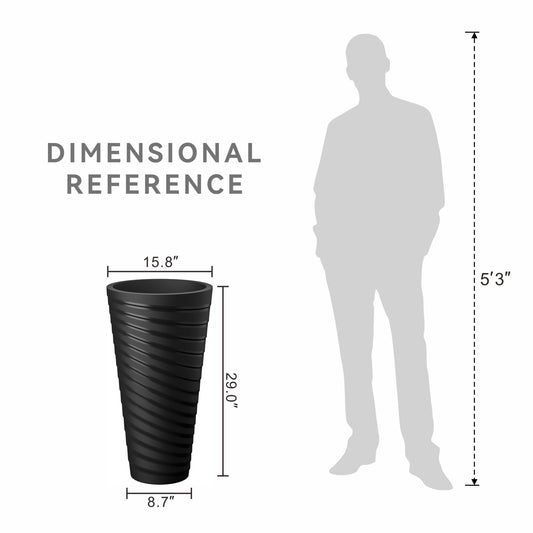 Kante 29 Inch Tall Planter Set of 2, Round Spiral Textured Flower Pots, Decorative Plant Pots for Outdoor Indoor Garden Patio Front Porch (Black)