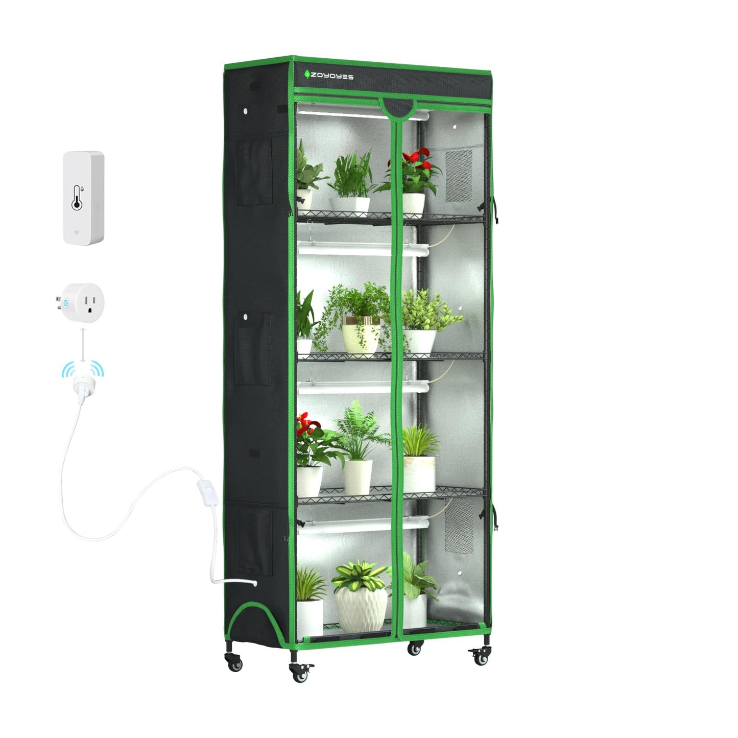 ZOYOYES Indoor Greenhouse with Grow Light,35.8" Lx17.8 Wx71.8 H,5-Layer Plant Shelf with 3-Color T8 Growth Lights,Plant Stand with Smart Timing Plug and thermohygrometer